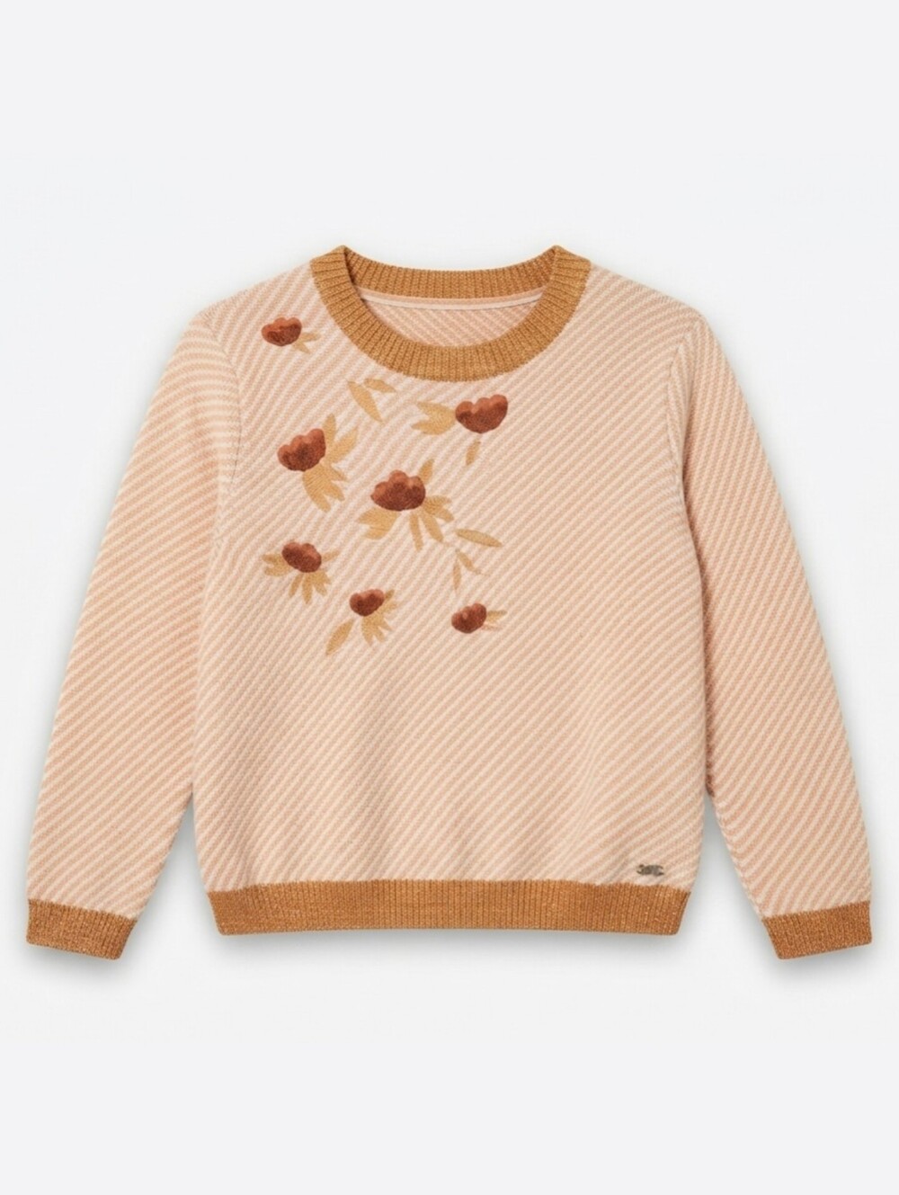 Sz M Des Petits Hauts Women's Striped Floral Embroidered Sweater Metallic Trim
